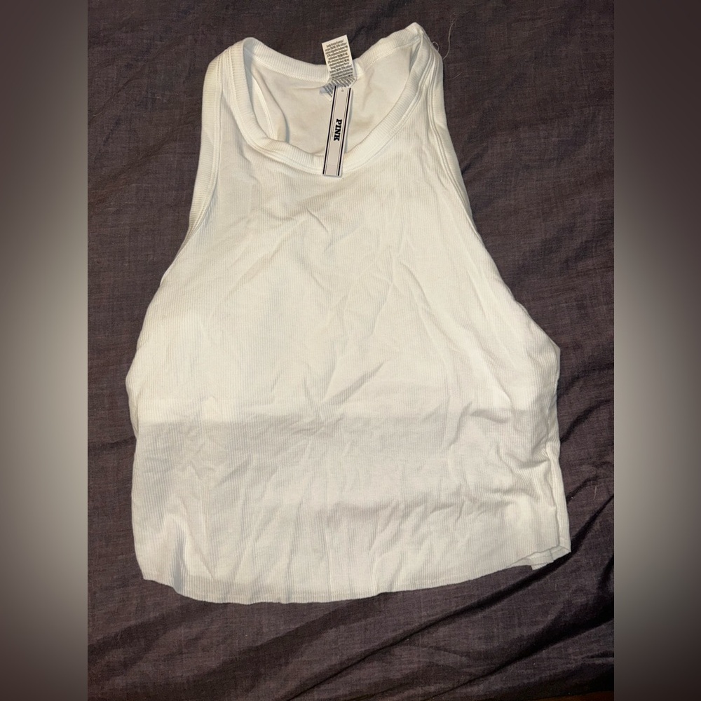 Pink cropped white tank top with built in bra